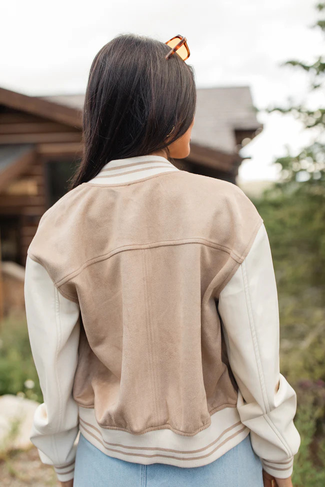 Play The Game Khaki Faux Suede and Leather Varsity Jacket | Pink Lily