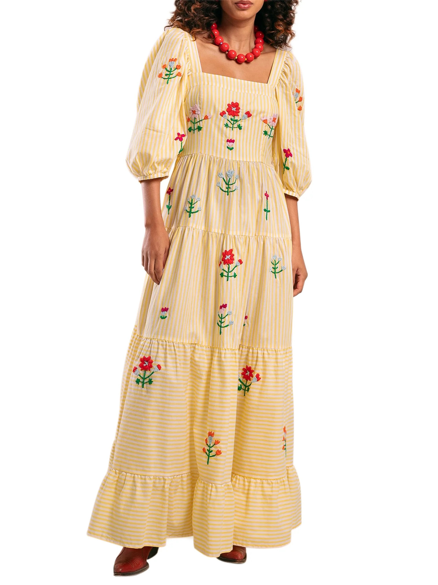 Rdhnmea Women Long Dress Embroidery Smocked Square Neck Flowy Dresses | Walmart (US)
