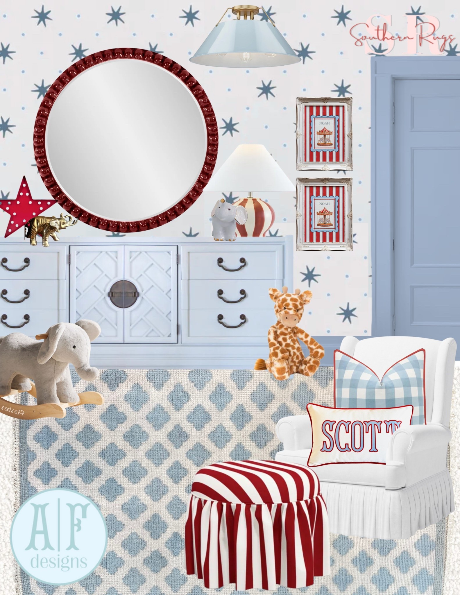 circus/ carnival nursery with the cutest color combo❤️🩵🐘 loving this stencil wall and all of the bold patterns!
rug: SoutherRugsTX the ‘Maria’
dresser: from The Collective in Dallas


gingham oushak blue red nursery boy room kid room elephant stripes patterns star

#LTKHome #LTKKids #LTKBaby