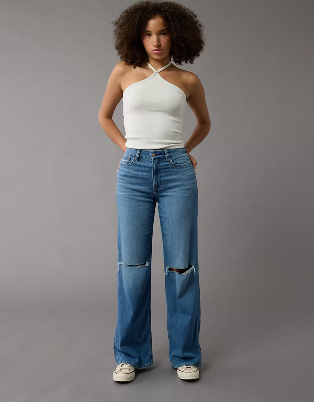 AE Dreamy Drape Stretch Curvy Super High-Waisted Baggy Wide-Leg Jean | American Eagle Outfitters (US & CA)
