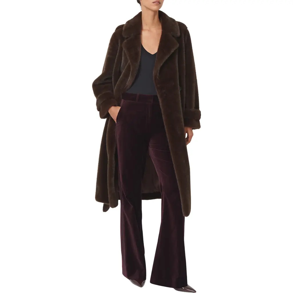Reiss Cate Belted Faux Fur Coat in Chocolate Brown at Nordstrom, Size Large | Nordstrom