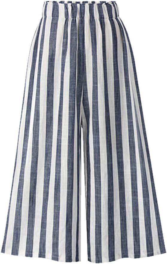 CHARTOU Women's Casual Striped High-Waist Wide-Leg Cotton Lightweight Palazzo Capri Culotte Pants | Amazon (US)