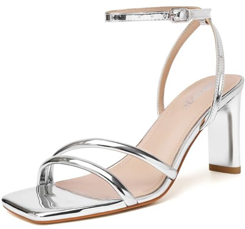 RIBONGZ Womens Silver Strappy Heels Square Open Toe High Heels for Women Ankle Strap Chunky Heeled Sandals Wedding Bridal Shoes Comfort Block High Heels Dress Party Shoes 7 | Amazon (US)