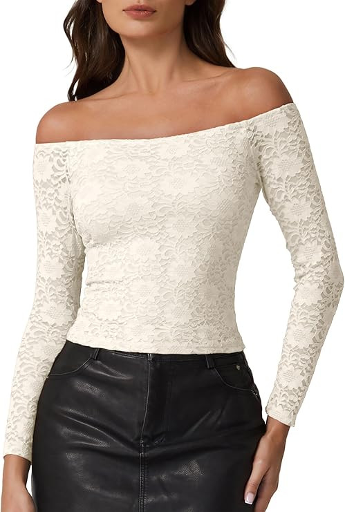 QINSEN Womens Lace Trim Off Shouder Top Long Sleeve Double Lined Y2k Trendy T Shirts | Amazon (US)
