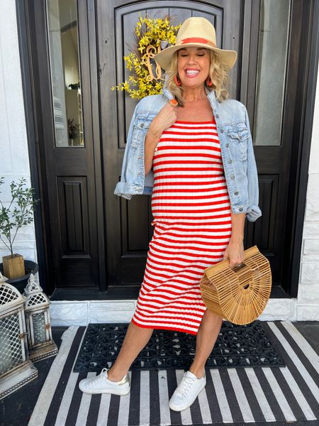 Sale 🚨 alert 
Amazon find

Striped bodycon soft striped tee shirt soft tank dress, comes in 7 colors. Perfect for vacation and warm Spring/summer days! Fits tts 

Cult gai bag 

Add Kut from kloth Amelia denim jacket, -white leather tennis shoes
- sun hat and fun jewelry .

#LTKstyletip #LTKfindsunder50 #LTKsalealert