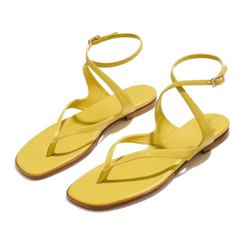 RJYLP Strappy Thong Sandals for Women Comfortable Square Open Toe Flat Sandals Summer Casual Walking Wrap Sandal Shoes | Amazon (US)