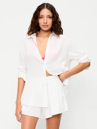 Open-Back Crinkle Gauze Button-Down Shirt | Old Navy (US)