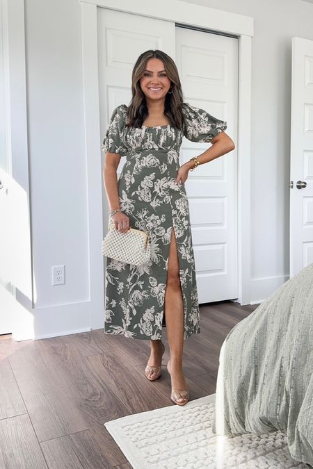 Green Floral Midi Dress size XS Petite TTS - sized up a size for room in the hips 
Clear heels size 5 TTS 

Easter Dress 
Spring Outfits 
Wedding Guest Dress 
Travel Outfit 
Spring Dress 
LTK SALE 

Honey Sweet Petite 
Honeysweetpetite

#LTKwedding #LTKstyletip #LTKSpringSale