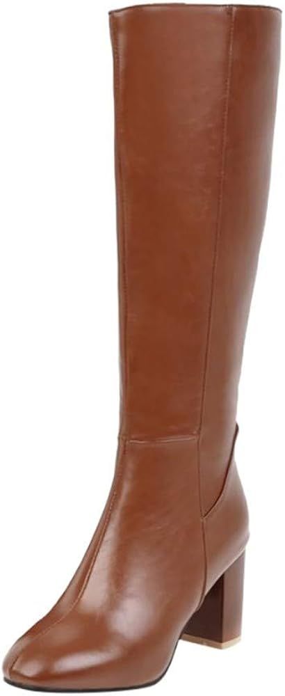 SoonerQuicker Riding Boots Women Knee High Boots Leather High Heel Block Heel Cowboy Boots Ladies... | Amazon (UK)
