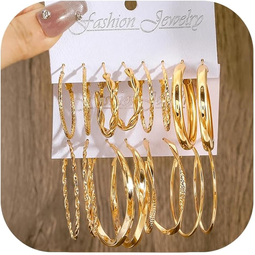 Gold Hoop Earrings Set for Women Trendy, Lightweight Hypoallergenic Hoops Earring Stack, Large/Bi... | Amazon (US)
