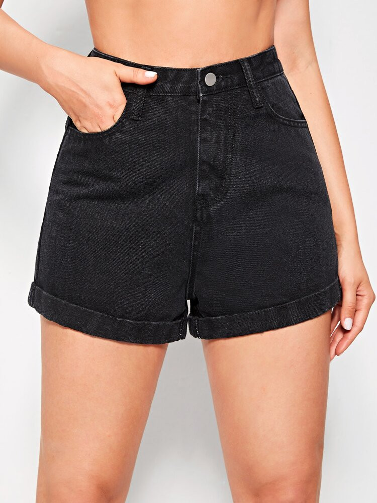 Solid Rolled Hem Denim Shorts | SHEIN