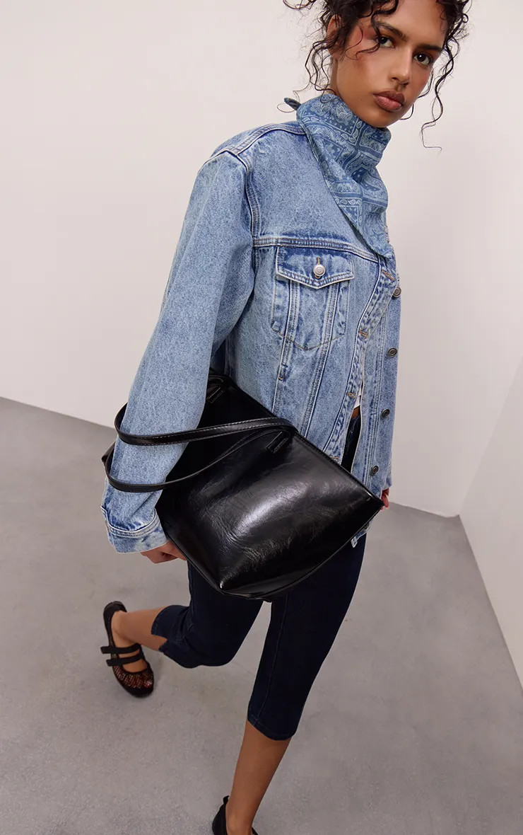 Mid Blue Wash Asymmetric Button Down Denim Jacket | PrettyLittleThing UK