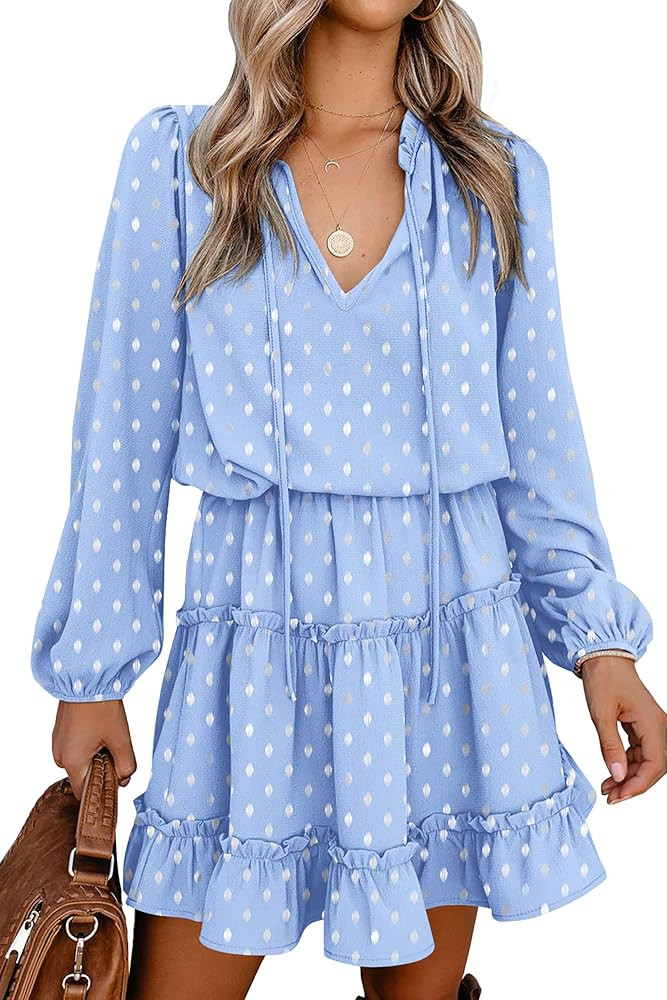 BTFBM Women Casual Spring Summer Dresses Tie V Neck Long Sleeve High Waist Ruffle Tiered A Line S... | Amazon (US)