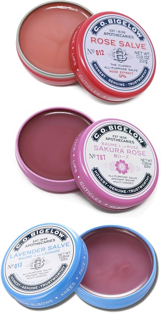 C.O. Bigelow Assorted Salve Tins, Pack of 3 Lip Balm Tins, Rose, Lavender, and Sakura Rose All Pu... | Amazon (US)
