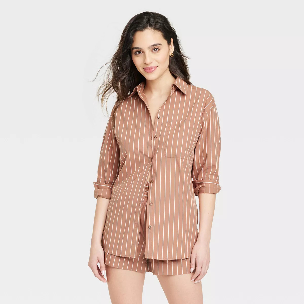 Women's Long Sleeve Button-Down Shirt - A New Day™ Brown Striped XS | Target