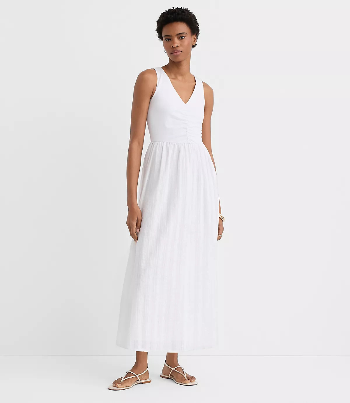 Stripe Ruched Mixed Media Midi Pocket Dress | LOFT