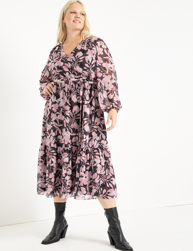 V-Neck Printed Midi Dress | Women's Plus Size Dresses | ELOQUII | Eloquii