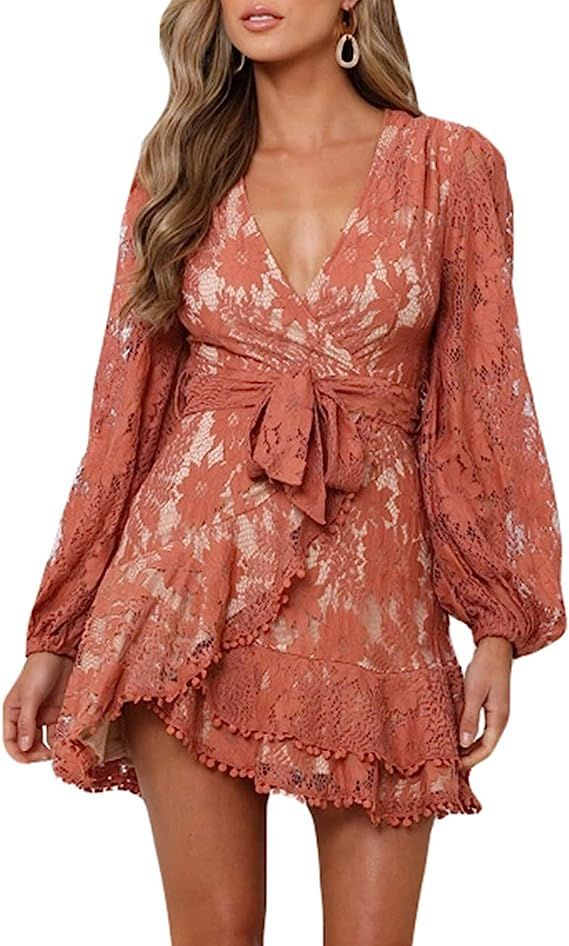 Women's Floral Flower Lace Faux Wrap Mini Dresses V Neck Long Lantern Sleeve Swing Short Dress wi... | Amazon (US)