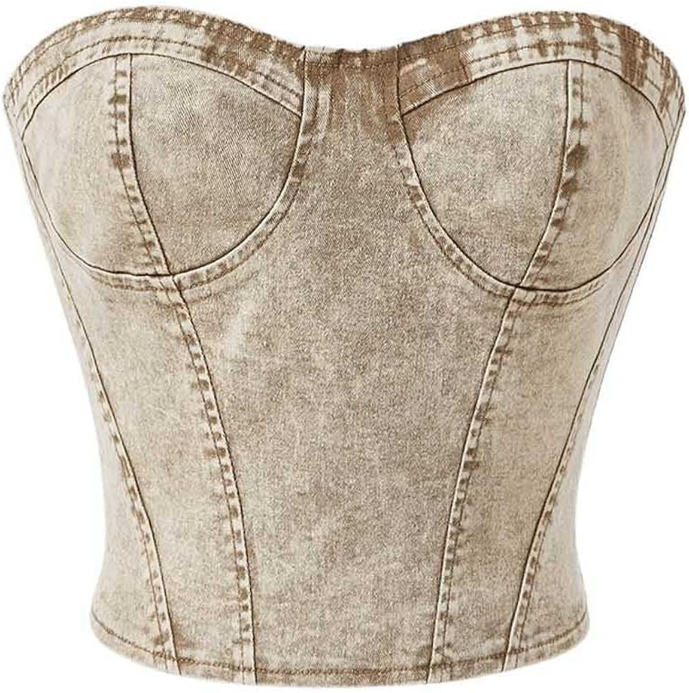 Floerns Women's Solid Strapless Bandeau Asymmetrical Hem Denim Crop Tube Top | Amazon (US)