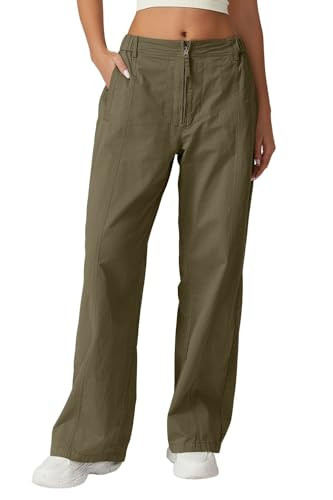 QINSEN High Waist Cargo Pants for Women Zip Front Loose Fit Cotton Long Pants Y2k Wide Leg Off-Duty Pants Olive Green XS | Amazon (US)