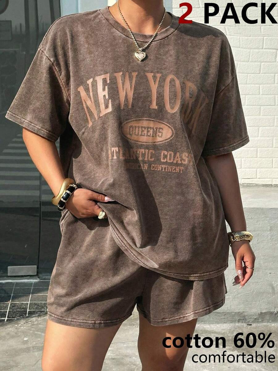 Muchica Plus Size Women's Round Neck Letter Print Short Sleeve Top And Pocket Shorts Casual 2 Pie... | SHEIN