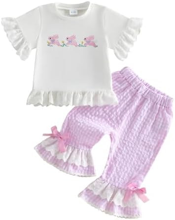 Easter Baby Girl Outfit Bunny Short Sleeve Tops Plaid Bell Bottoms Flared Pants Set Toddler Summe... | Amazon (US)