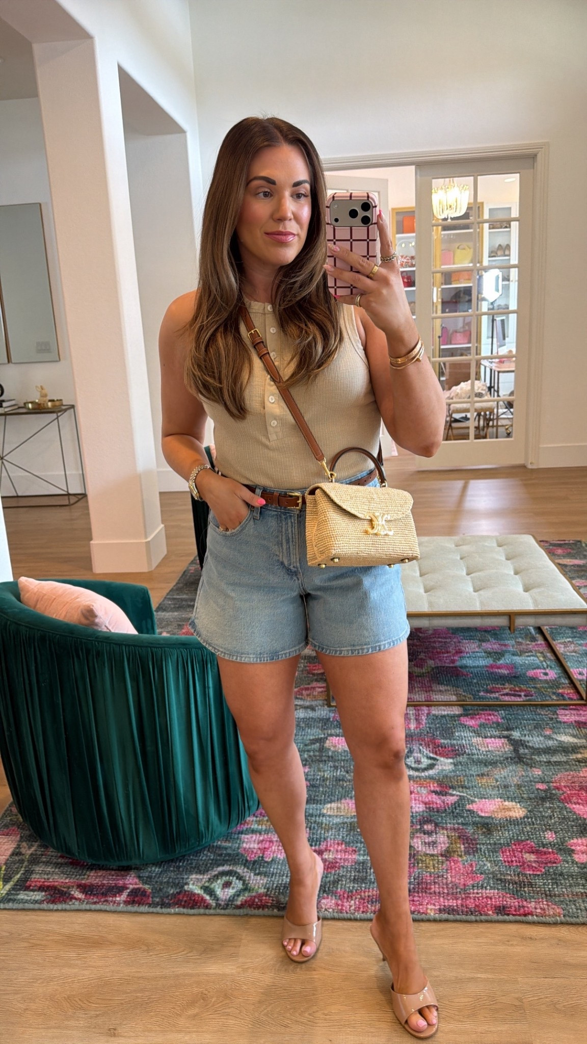 curvy midsize spring outfit! wearing size large in henley tank and 30 in denim shorts. my bag is raffia Celine and from Nordstrom! 

#LTKMidsize #LTKSeasonal