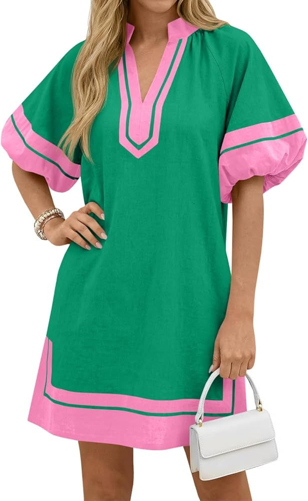 Wenrine Womens Summer Mini Dress Puff Sleeve Casual V Neck Color Block Side Slit Loose Shirt Dres... | Amazon (US)
