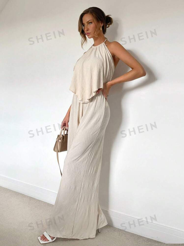 SHEIN Essnce Spring/Summer Pleated Halter Solid Color Casual Top And Loose Pants 2-Piece Set | SHEIN