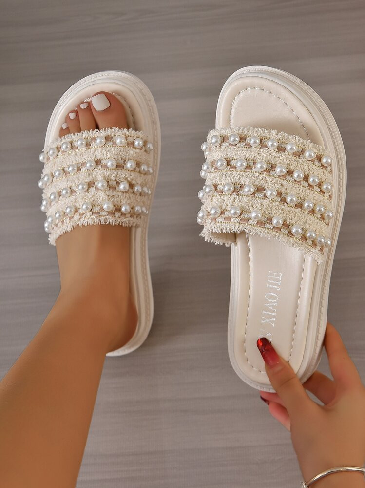 Women Faux Pearl Decor Wedge Slide Sandals, Fashion Summer Sandals Valentines | SHEIN