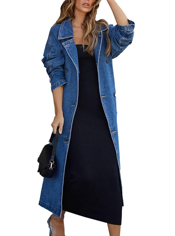 Women's Vintage Notched Collar Double Breasted Over Knee Midi Long Denim Jacket Trench Coat with ... | Amazon (US)
