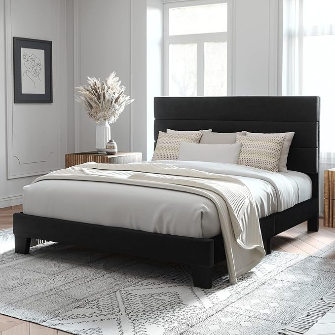 Allewie Queen Size Platform Bed Frame with Velvet Upholstered Headboard and Wooden Slats Support,... | Amazon (US)