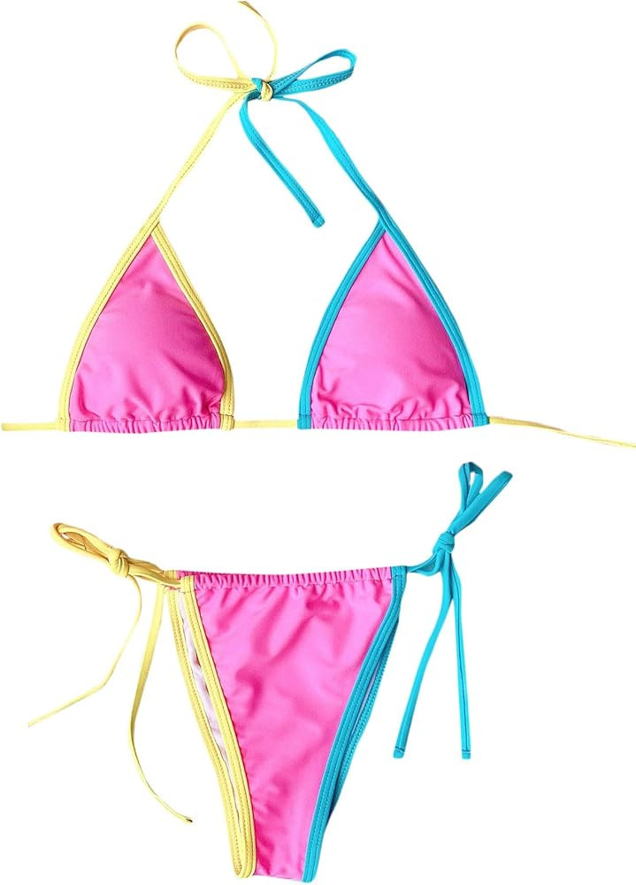 SOLY HUX Women's Color Block Halter Triangle Top and Tie Side Bikini Set Swimsuits | Amazon (US)