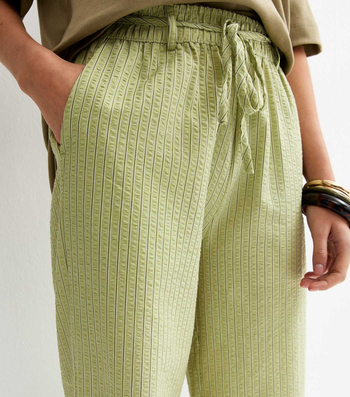 Green Striped Seersucker Wide Leg Trousers | New Look | New Look (UK)