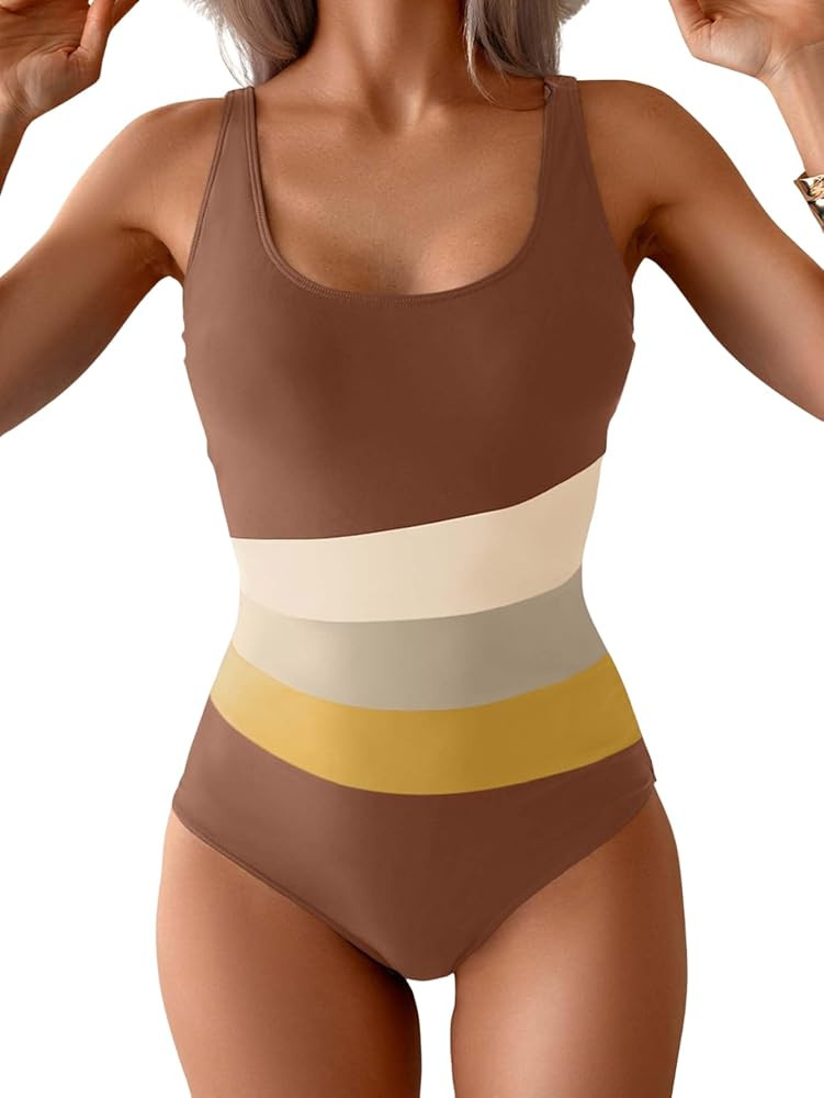 Women's One Piece Swimsuit Slimming Bathing Suit Color Block Scoop Neck Swim Suit | Amazon (US)