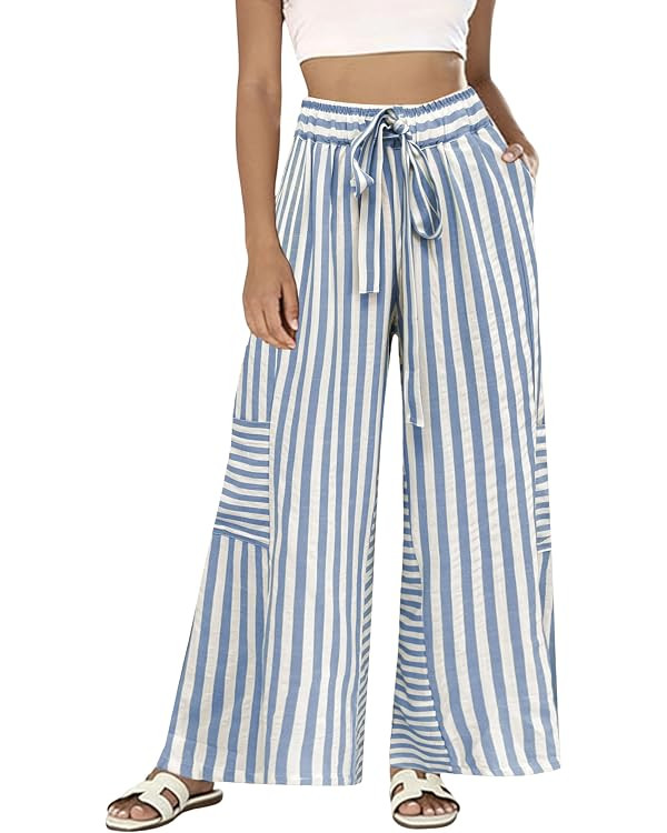 Bankeng Womens Summer Casual Striped Pants Loose Wide Leg Lounge Pants Elastic Waist Palazzo Trou... | Amazon (US)