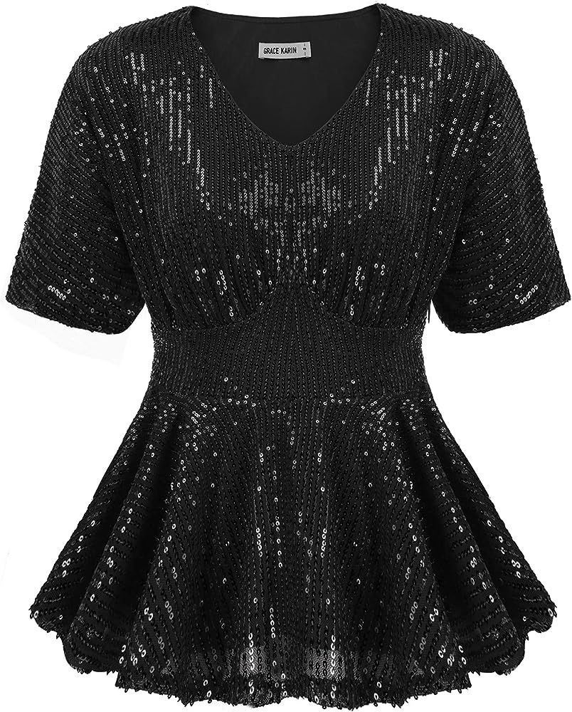 GRACE KARIN Women's Puff Sleeve Ruffle Hem Sparkle Shimmer V-Neck Sequin Blouse… | Amazon (US)