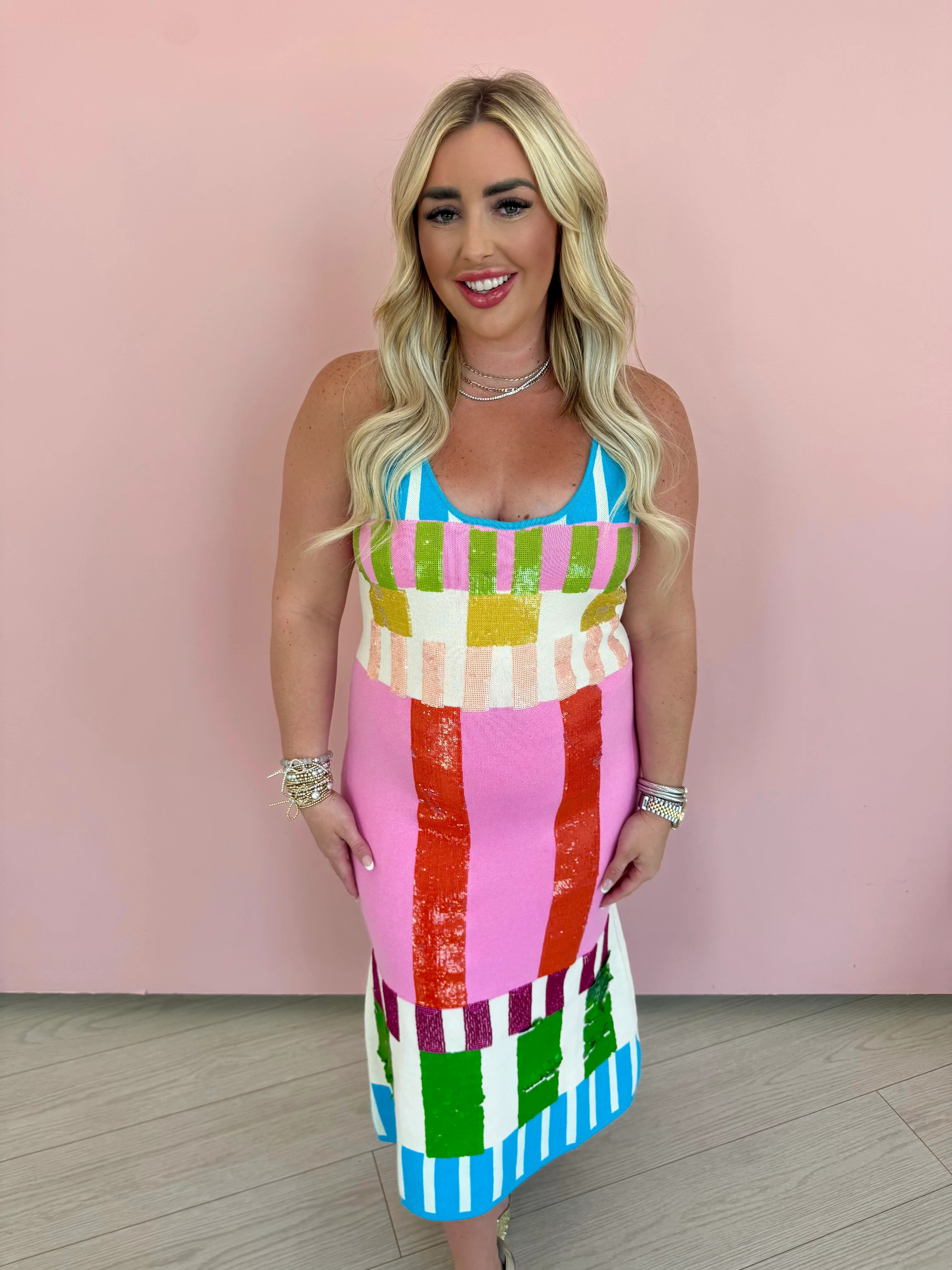 Colorblock Stripe Knit Midi Dress- Queen Of Sparkles Small | Extremely Refined Boutique