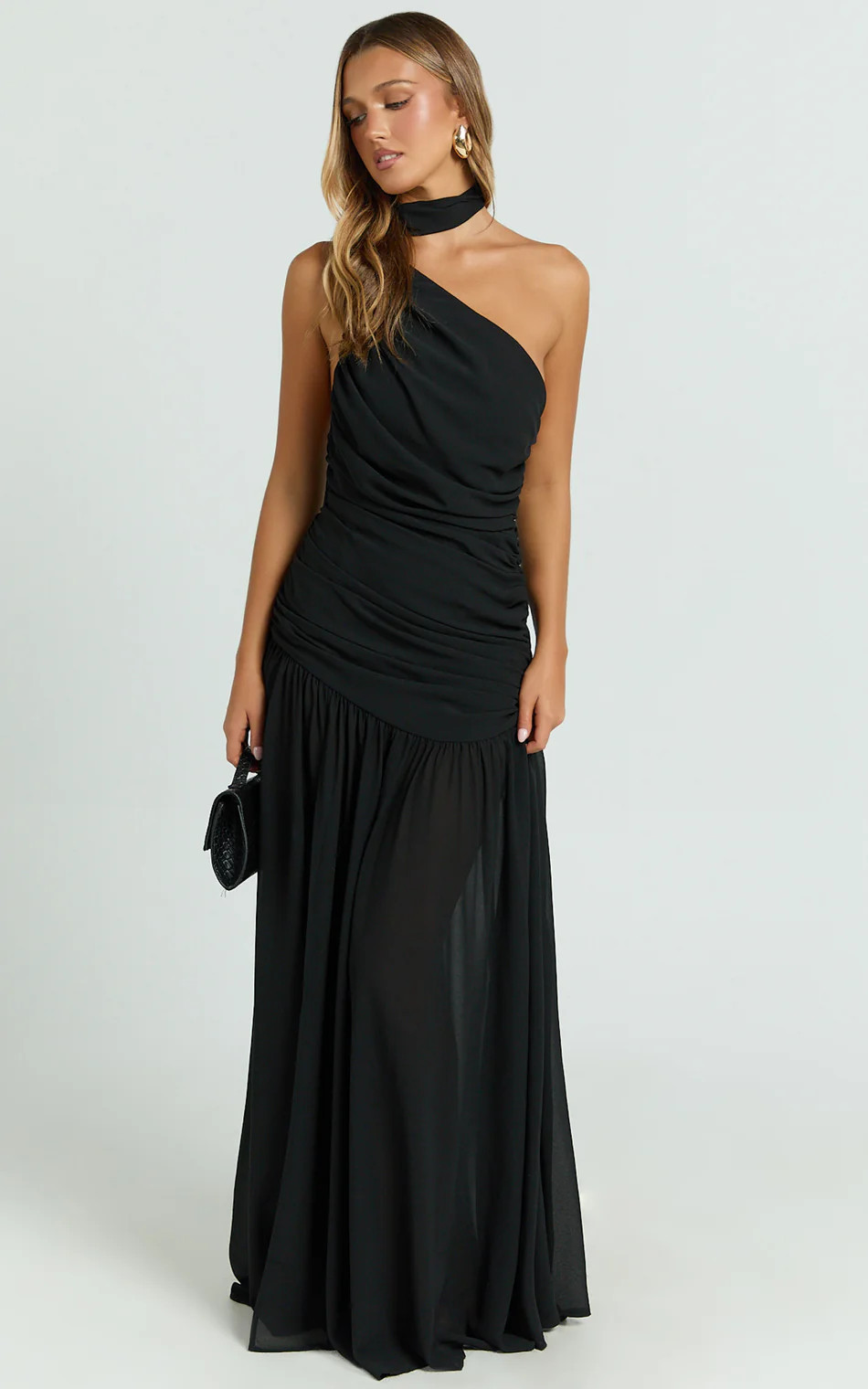 Enya Maxi Dress - One Shoulder Neck Tie Ruched High Split Dress in Black | Showpo (US, UK & Europe)
