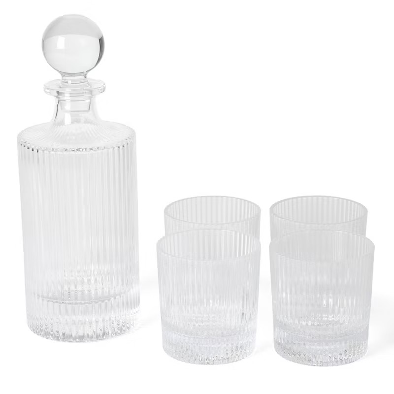 Martha Stewart Bayville Decanter Plus 4pk Whiskey 10oz Embossed Glassware Set | Target