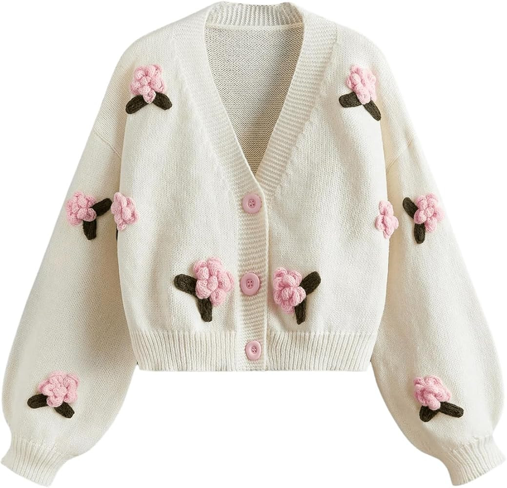 GORGLITTER Women's Floral Button Down Cardigan Sweater Long Sleeve Drop Shoulder Knit Tops | Amazon (US)