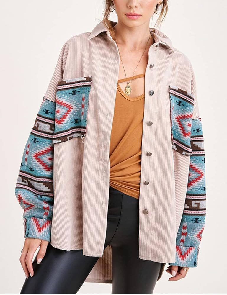 Esmeling Women's Corduroy Shirt Jacket Loose Boyfriend Button Down Aztec Print Shacket | Amazon (US)
