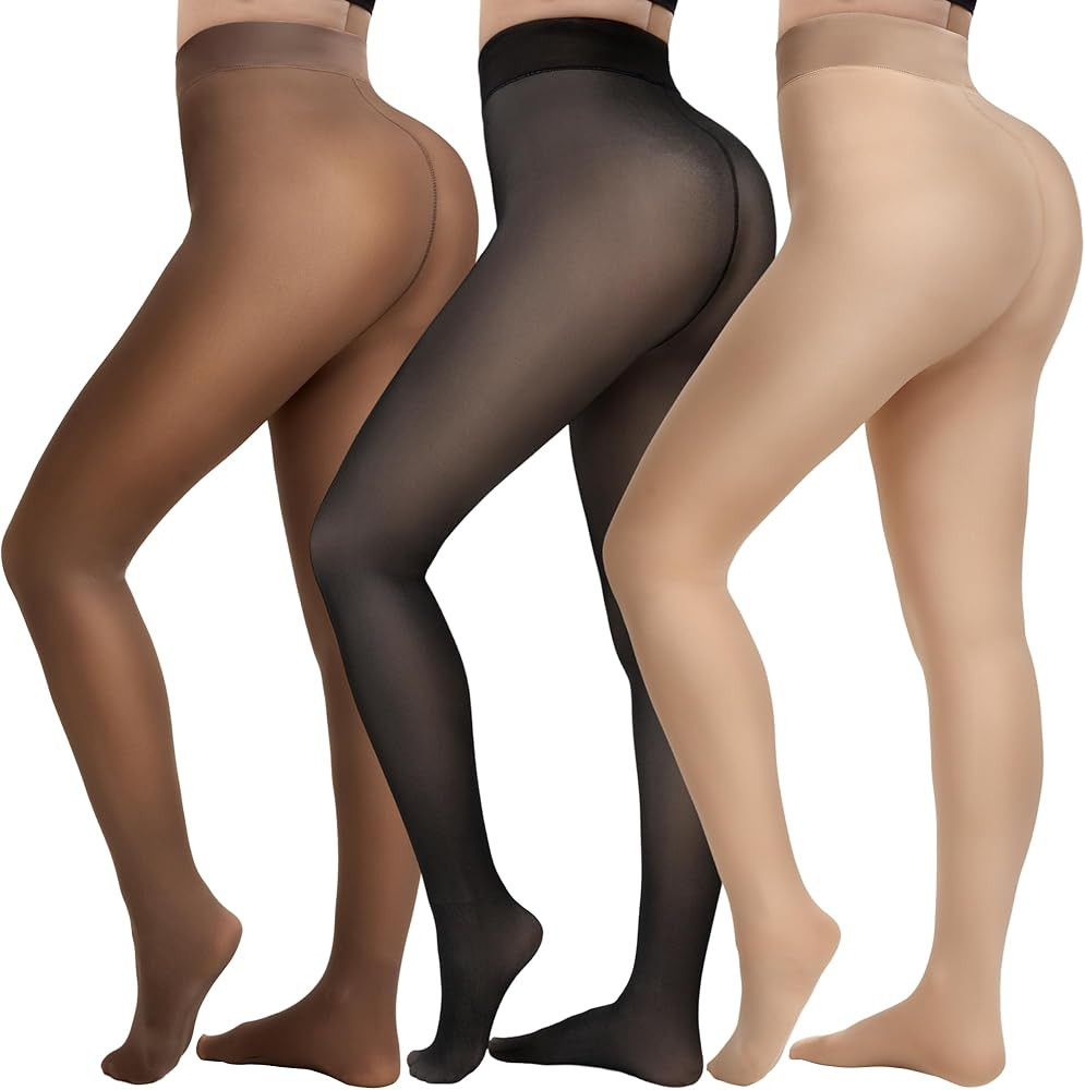 HONGTEYA 3 Pairs Fleece Lined Tights Women - Warm Sheer Pantyhose Fake Translucent Tights Winter ... | Amazon (US)