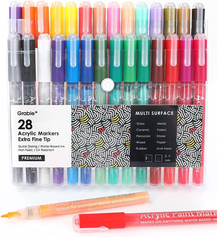 Grabie Acrylic Paint Pens, Acrylic Paint Markers, 28 Colors, 0.7 mm, Extra Fine Tip Paint Markers... | Amazon (US)