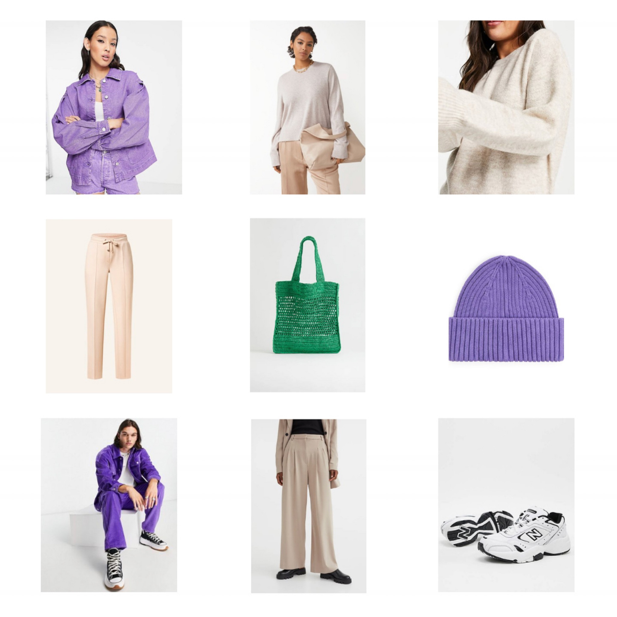 Very Peri. Fashion Blogger Girl by Style Blog Heartfelt Hunt. Girl with blond hair wearing a very peri colored denim shacket, purple beanie, beige sweater, wide leg pants, green straw bag and New Balance sneakers. #colorfuloutfit #colorfulstyle #colorfulfashion #colorfullooks #fashionfun #cutefalloutfit #fallfashion2022 #falllookbook #fitcheck #dailylooks #dailylookbook