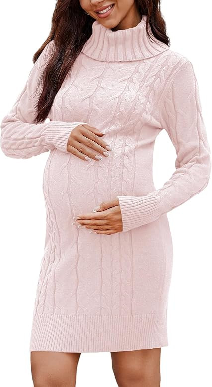 Langwyqu Womens Maternity Sweater Dress Cable Knit Sexy Bodycon Turtleneck Long Sleeve Mini Fall ... | Amazon (US)