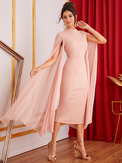 SHEIN Mock-neck Exaggerate Cape Sleeve Split Hem Pencil Dress | SHEIN