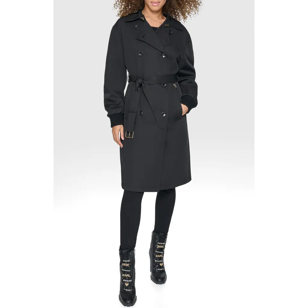 KARL LAGERFELD PARIS Double Breasted Gabardine Trench Coat in Black at Nordstrom Rack, Size X-Large | Nordstrom Rack