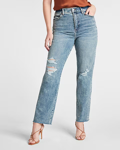 Super High Waisted Medium Wash Ripped Modern Straight Jeans | Express