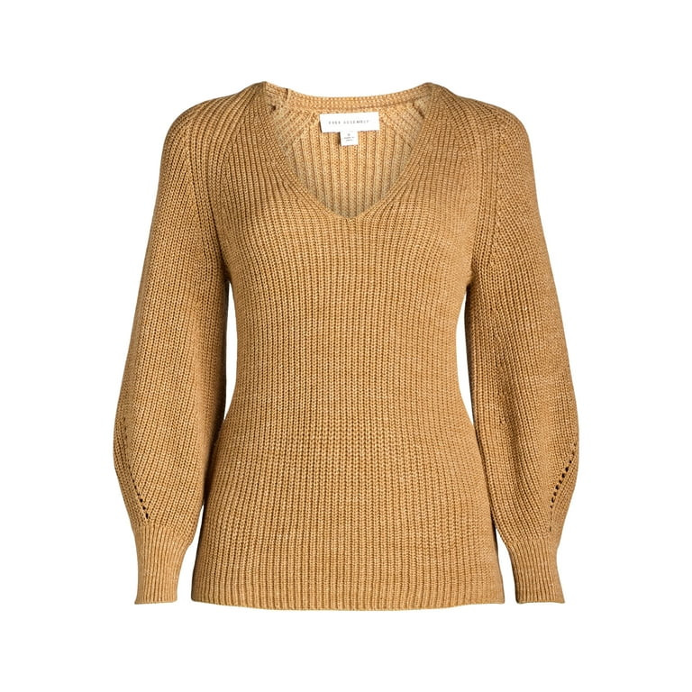 Free Assembly Women's V-Neck Sweater with Long Puff Sleeves, Midweight, Sizes XS-XXL | Walmart (US)